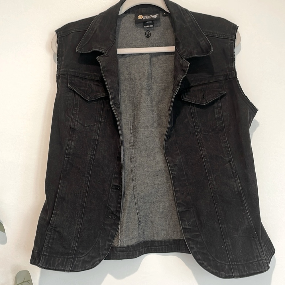 Christine Alexander Black Denim Vest with raw sleeve size medium